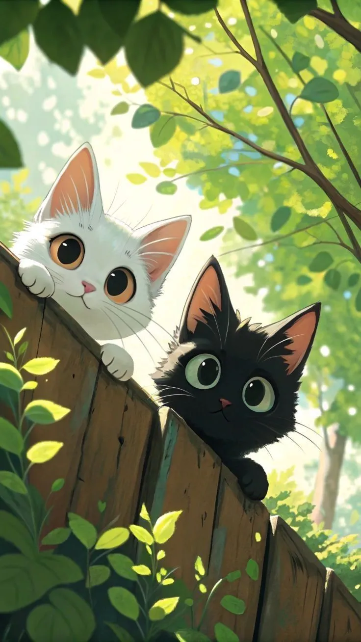 two black and white cats sitting on top of a wooden fence next to each other