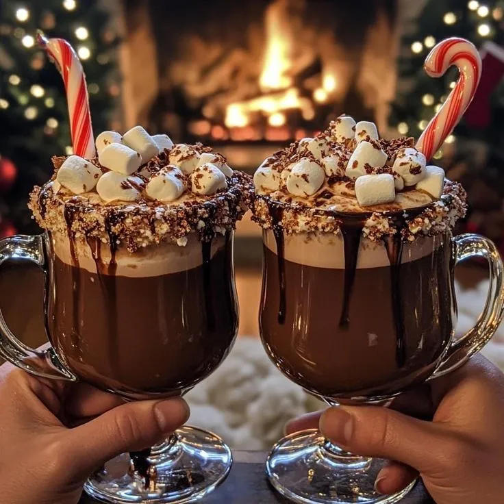 two people holding up mugs filled with hot chocolate and marshmallows