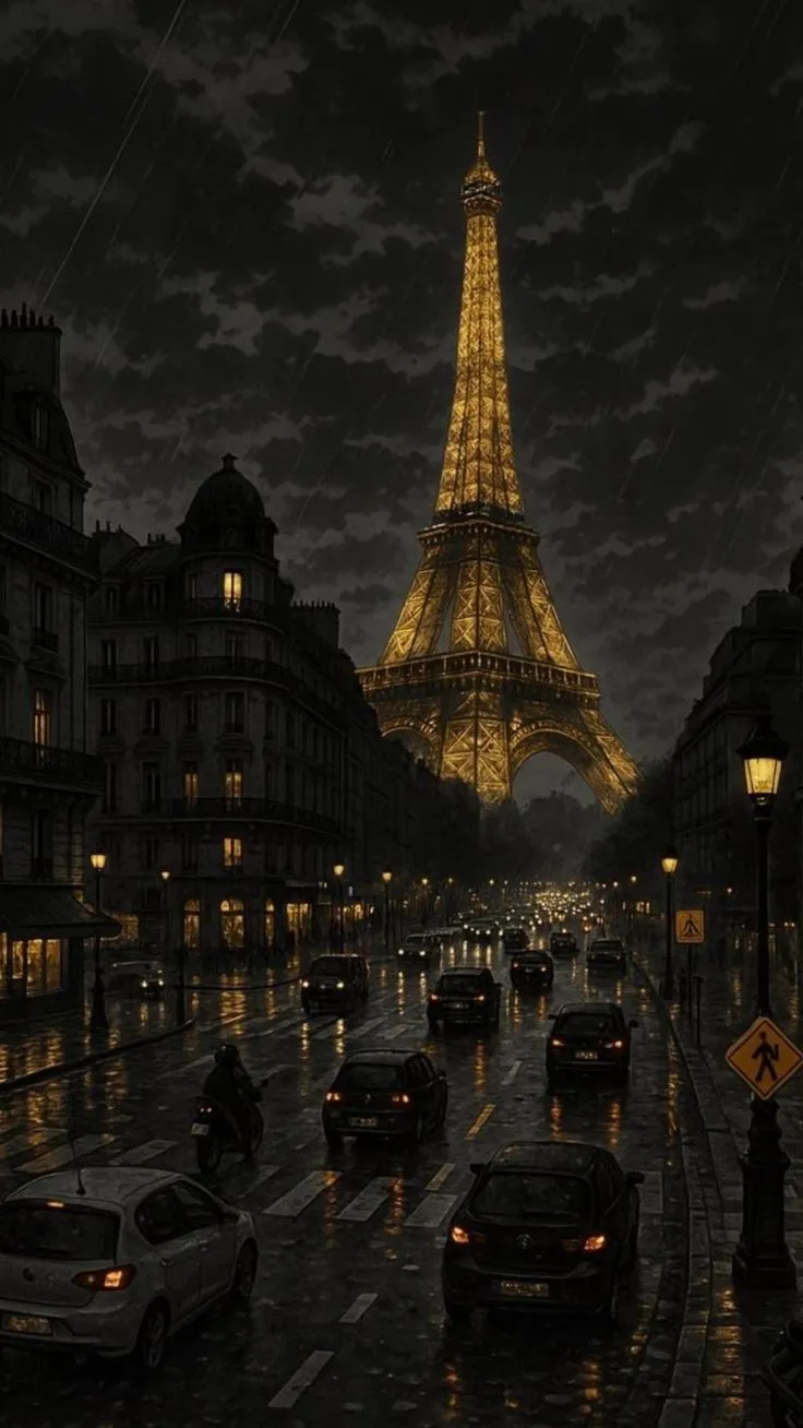 the eiffel tower is lit up at night with cars driving down the street