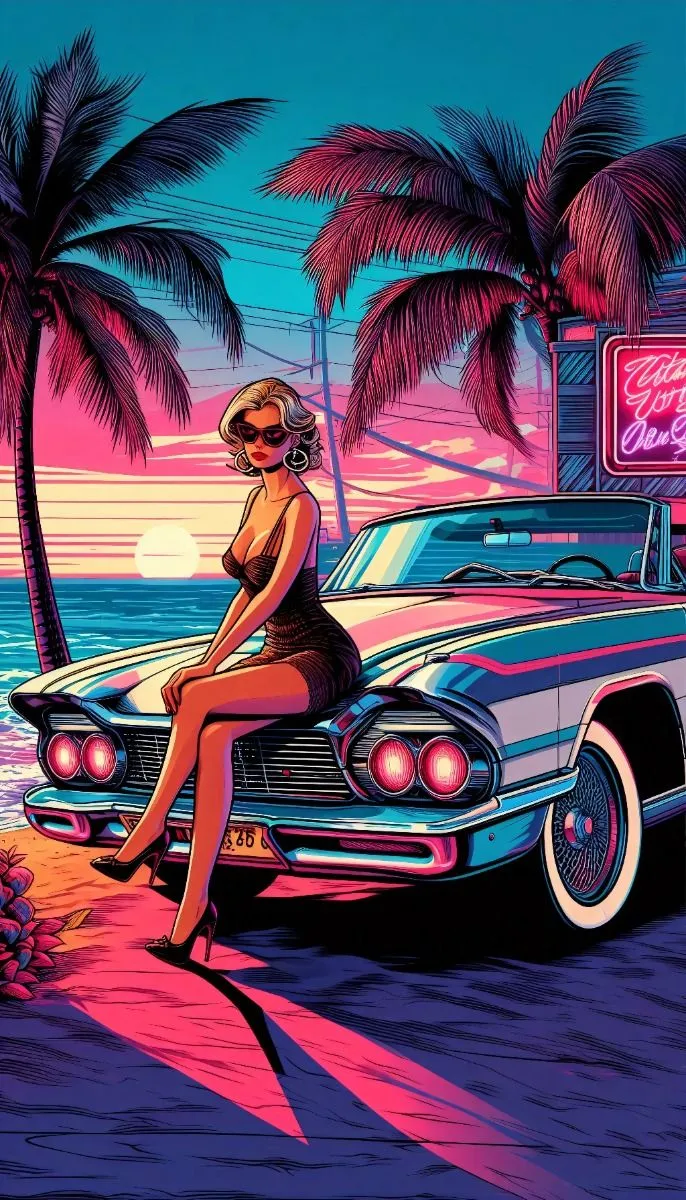 GTA Vice City inspired retro Miami lifestyle 1980s, sunset beach with a vintage car under palm trees