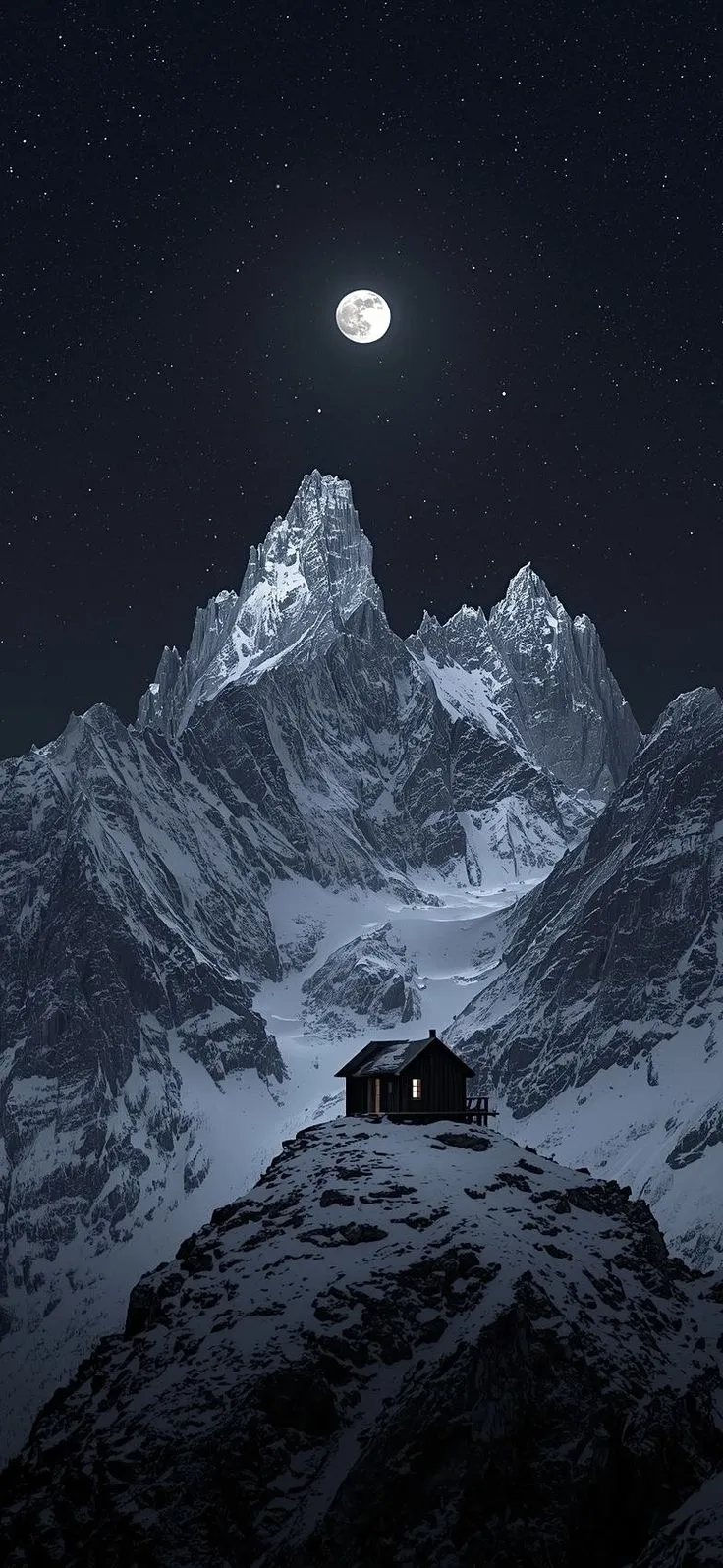a cabin on top of a snowy mountain under a full moon and star filled sky