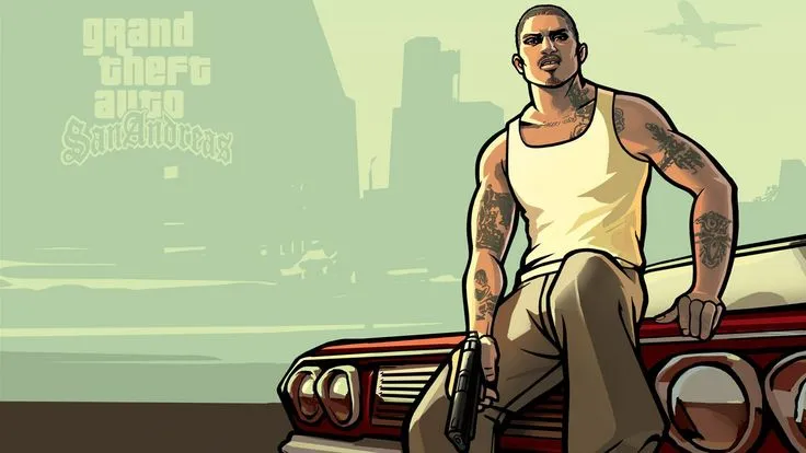 a man sitting on top of a red car in front of a green background with the words gta san francisco