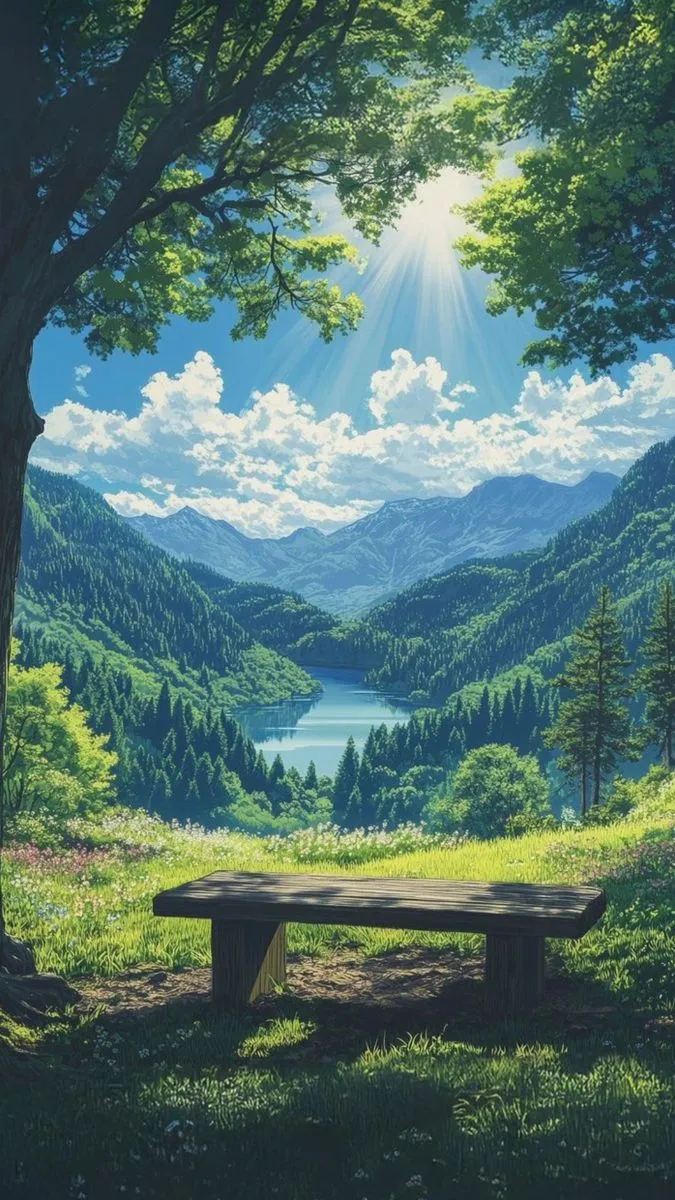 a painting of a picnic table in the middle of a field with mountains and trees