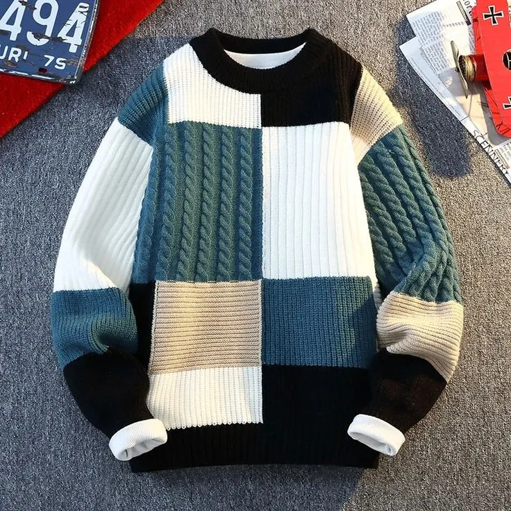 Autumn Winter Men's Round Neck Knit Sweater Fashion Plaid Knitted Pullovers Men Casual Loose Warm