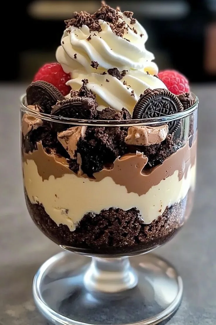 an ice cream sundae with oreo cookies and raspberries in a glass dish