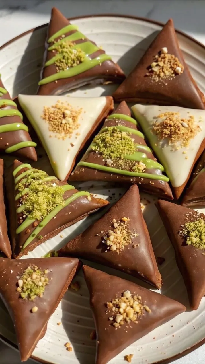 chocolate triangles with green and white toppings on a plate