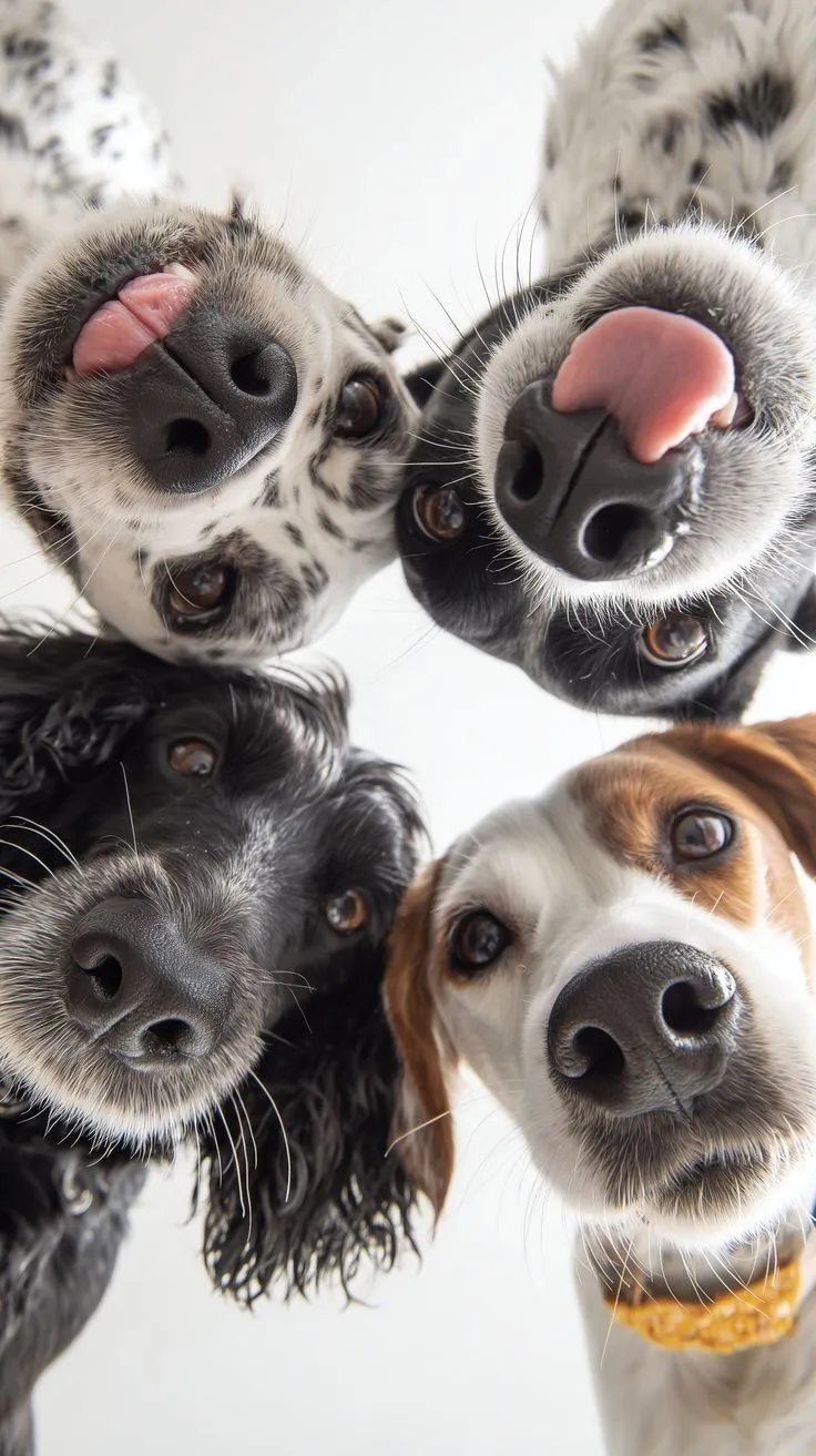 three dogs are looking up at the camera with their mouths open and one dog is sticking its tongue out