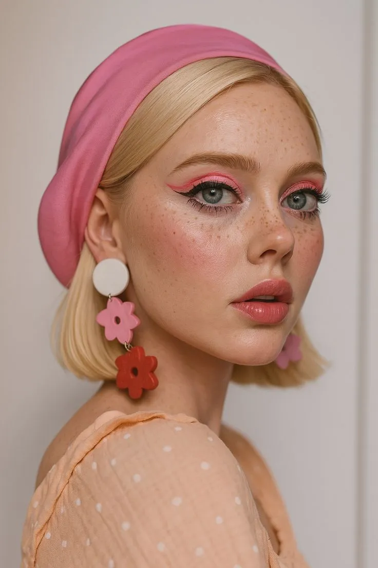 a woman with pink makeup and flower earrings