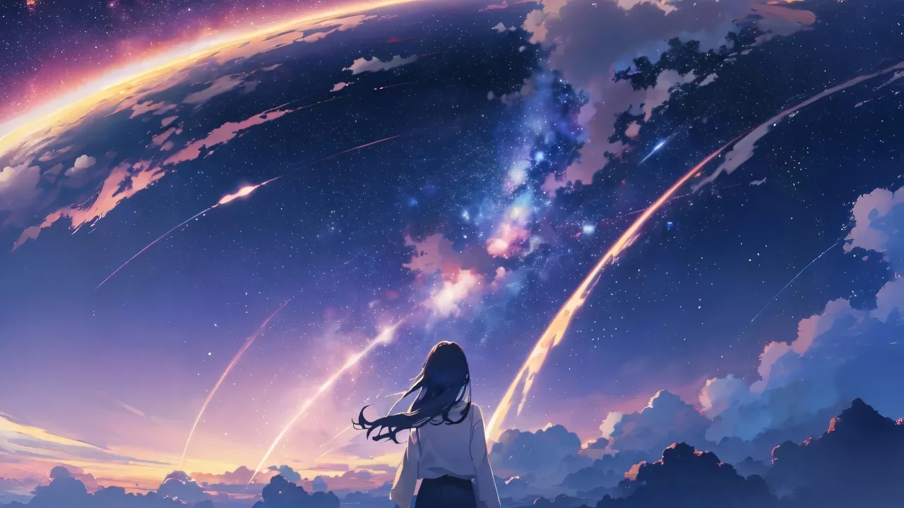Anime girl, Night sky, Galaxy, Shooting stars, Cosmic, Purple sky, Your Name, Mitsuha Miyamizu, Celestial, Kimi no Na wa