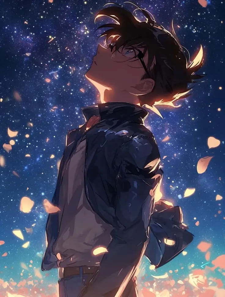 an anime character looking up at the sky with his eyes closed and hands in his pockets