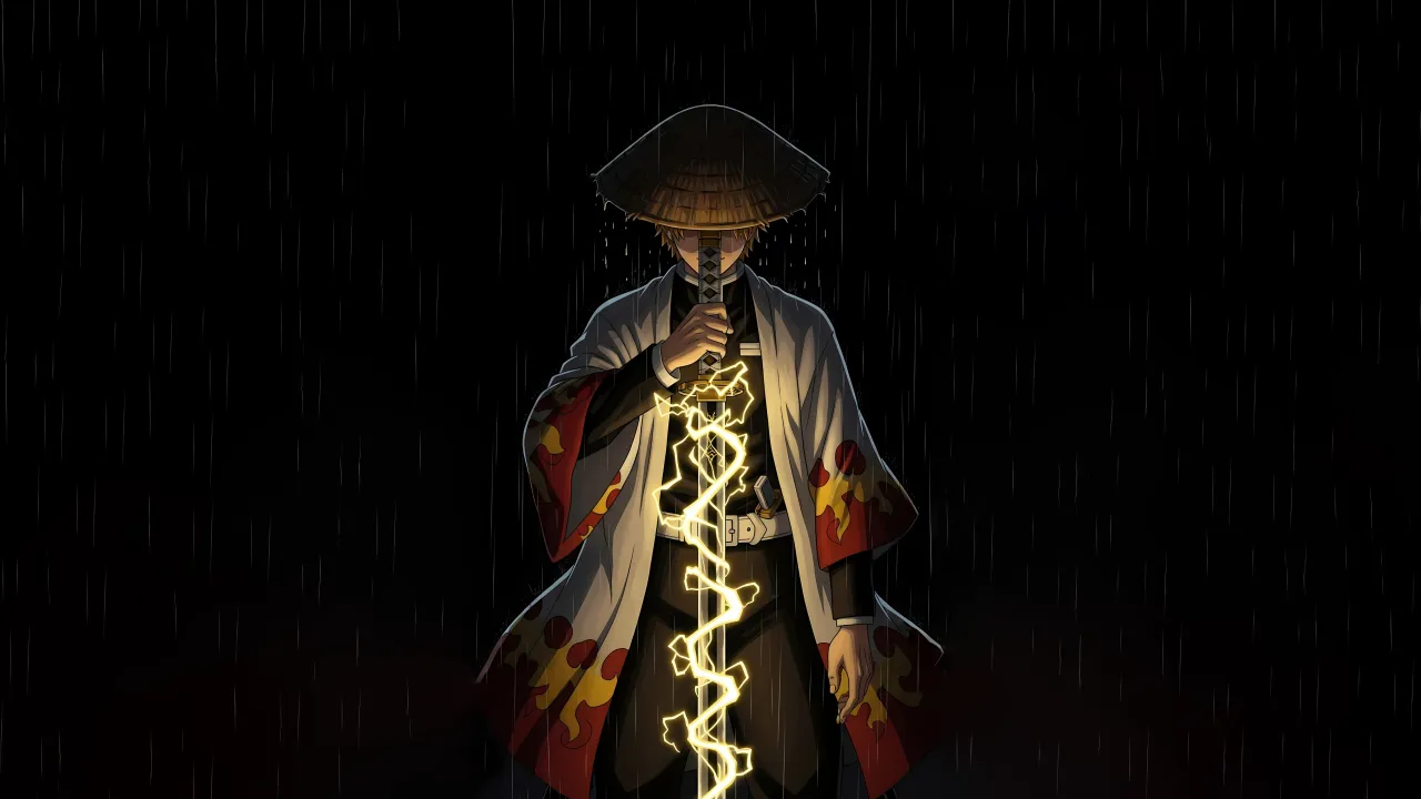Zenitsu Agatsuma, AMOLED, Thunder Breathing, Black background, Demon Slayer: Kimetsu no Yaiba, 5K, Lightning