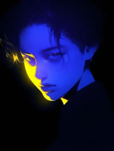 a young man with blue and yellow light on his face