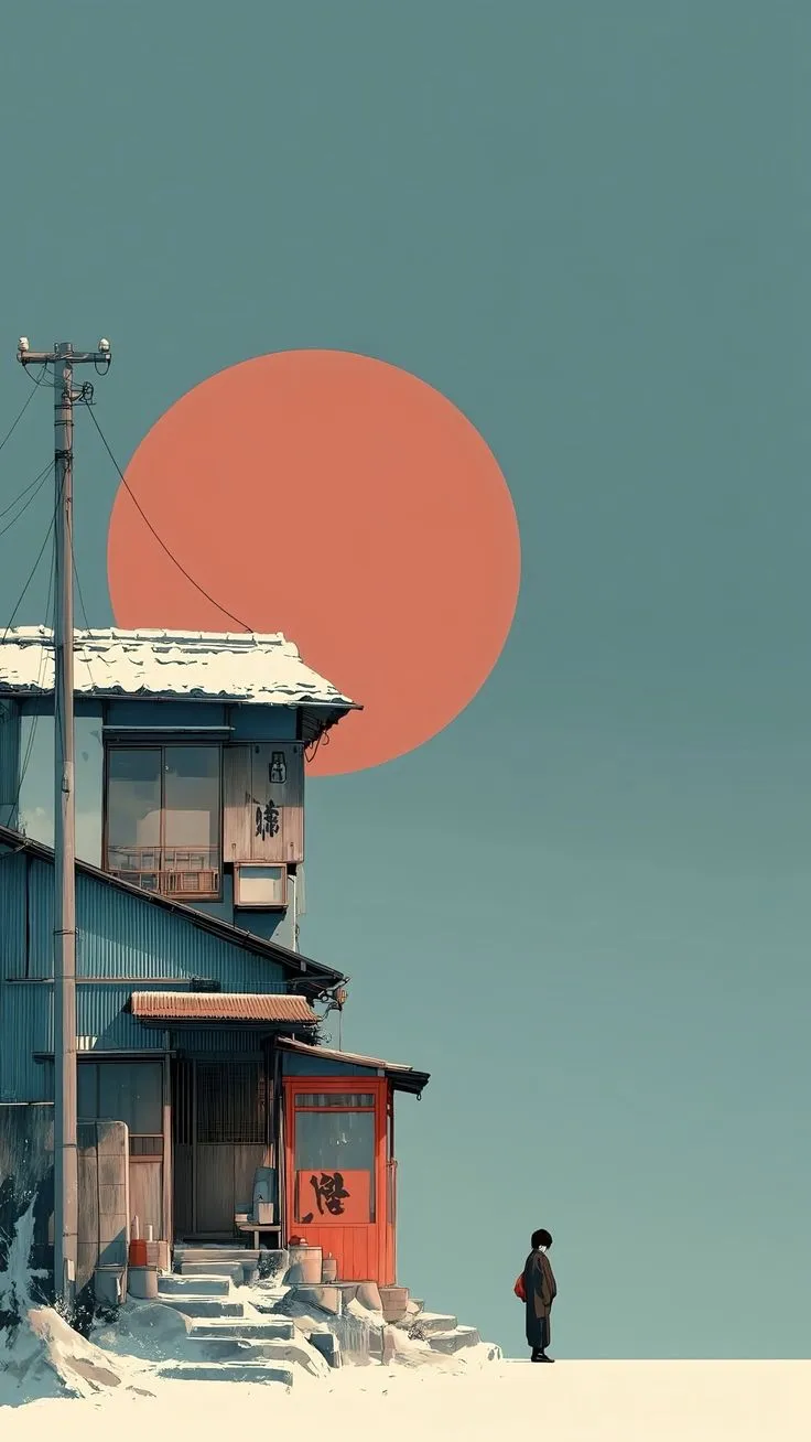 a person standing in front of a building with a large red disk above it's roof