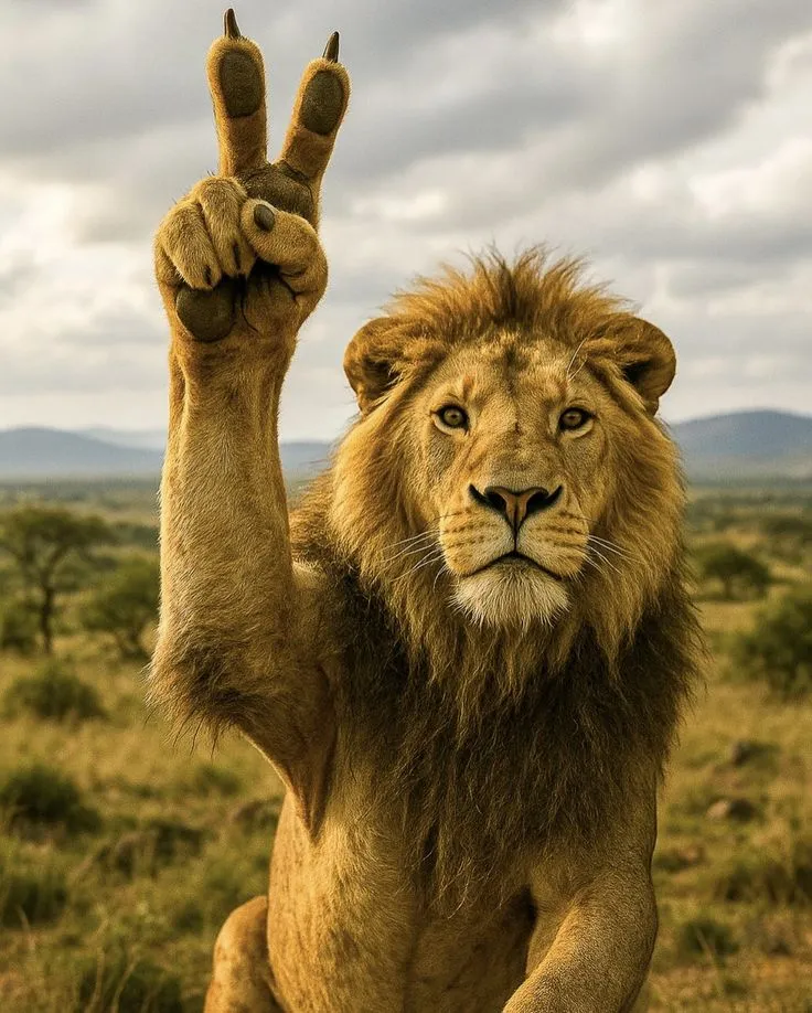 a large lion standing on its hind legs in the middle of an open field with mountains in the background