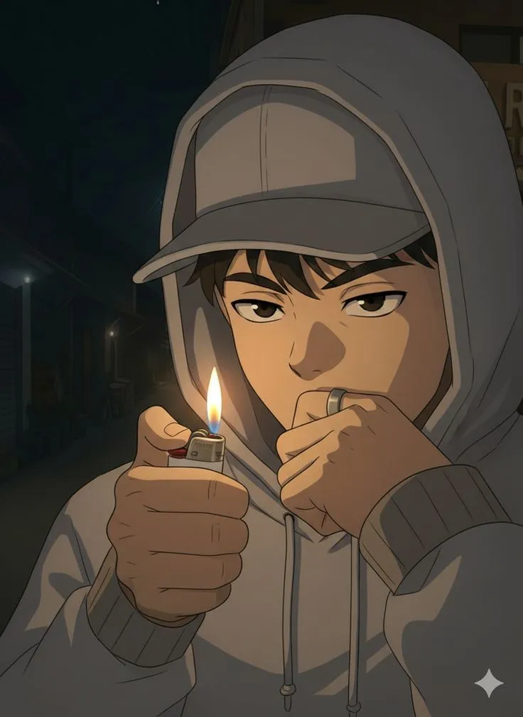 a person holding a lighter in their hand and wearing a hoodie on the street