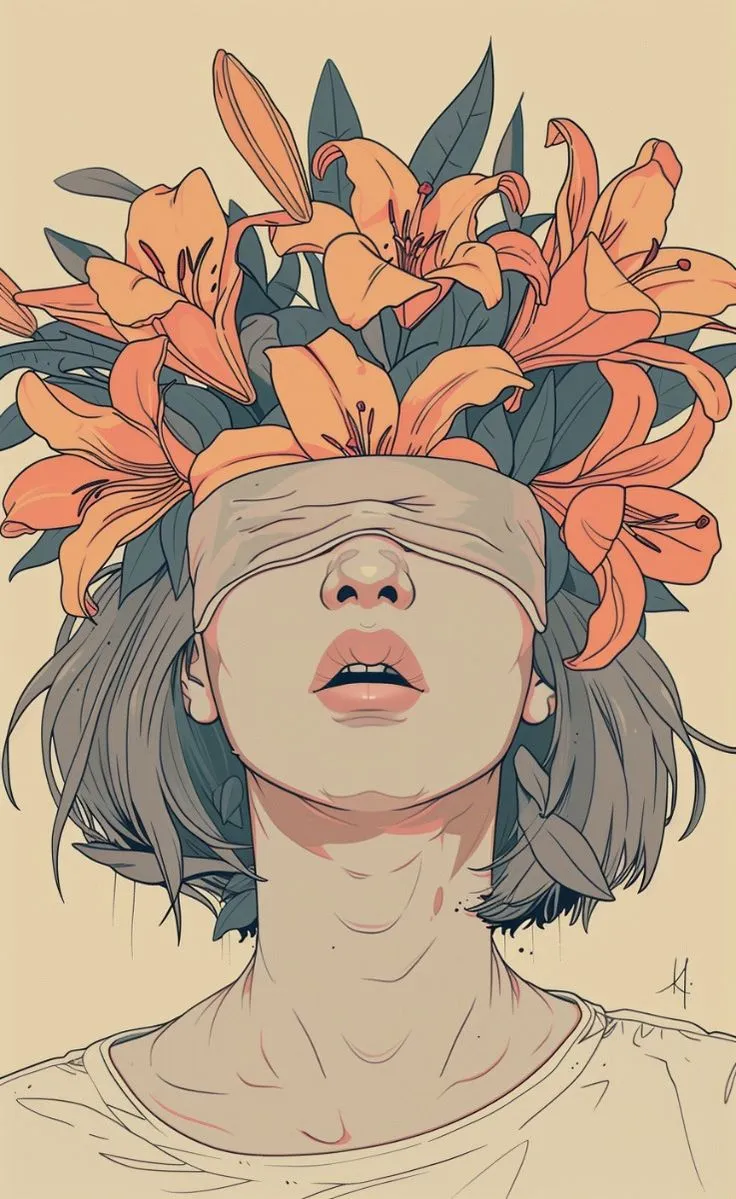 a drawing of a woman with flowers on her head and blindfold over her eyes