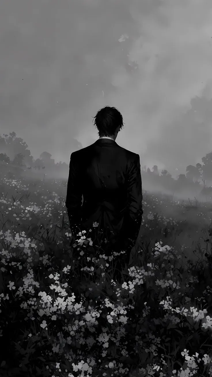 a black and white photo of a man in a suit standing in a field of flowers