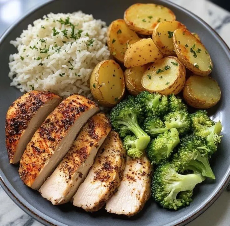 a plate with chicken, potatoes and broccoli on it next to white rice