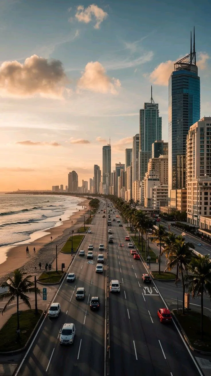an aerial view of the city skyline and beach with cars driving on it at sunset