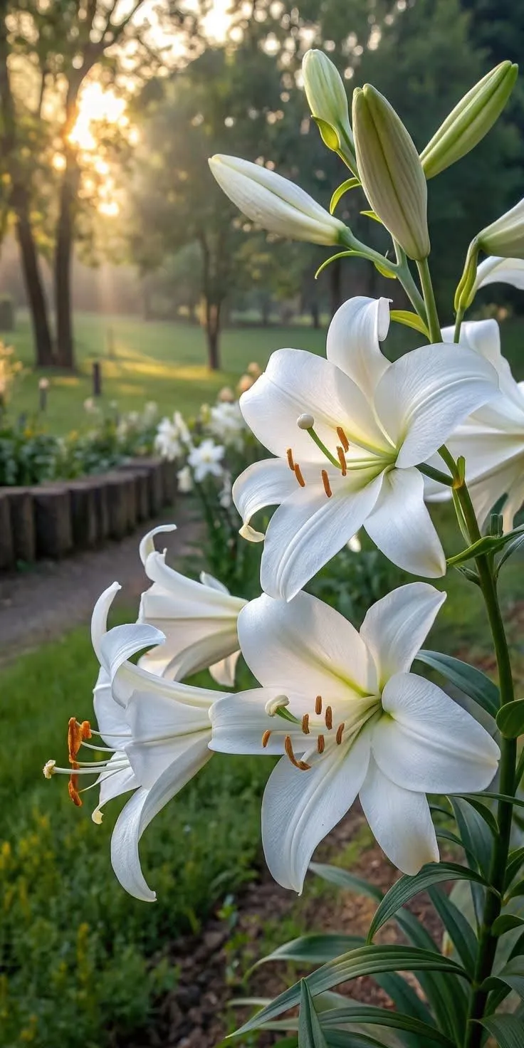 white lilies are blooming in the garden at sunrise or sunset, with green grass and trees behind them