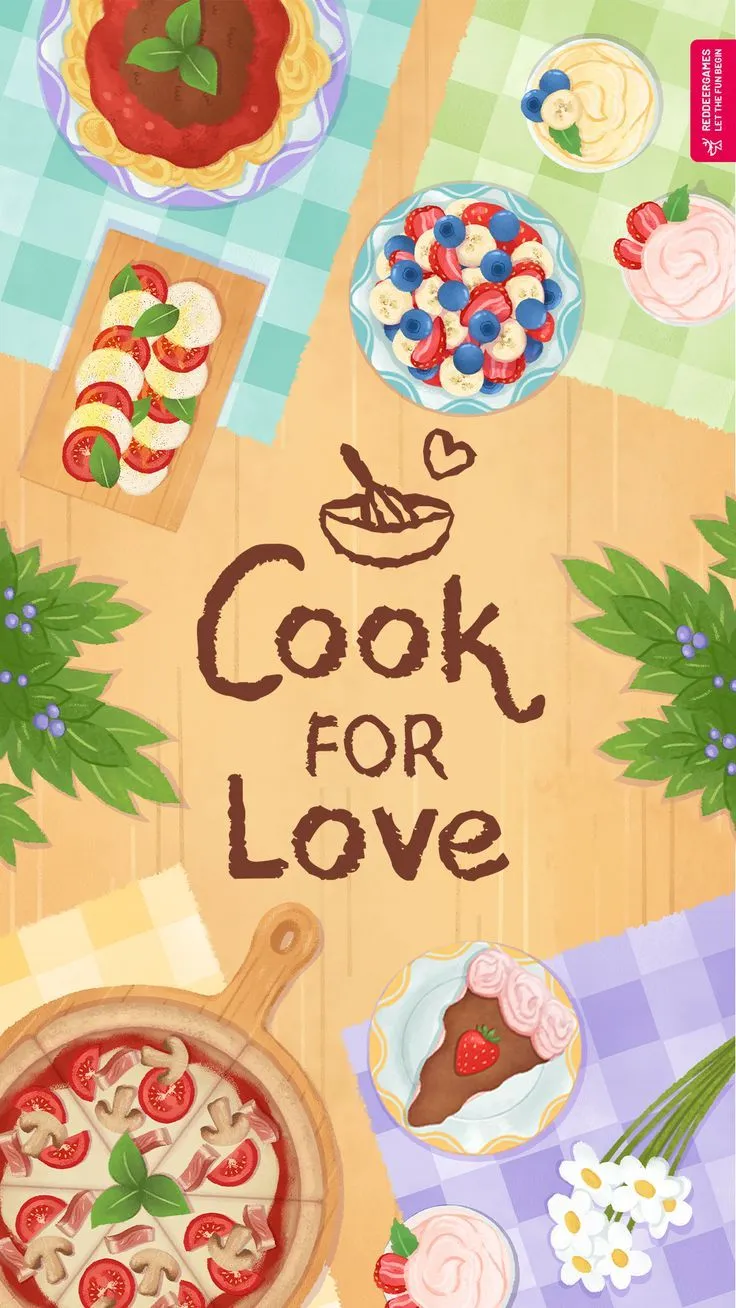 the cook for love book cover is surrounded by various food items and dishes on a table