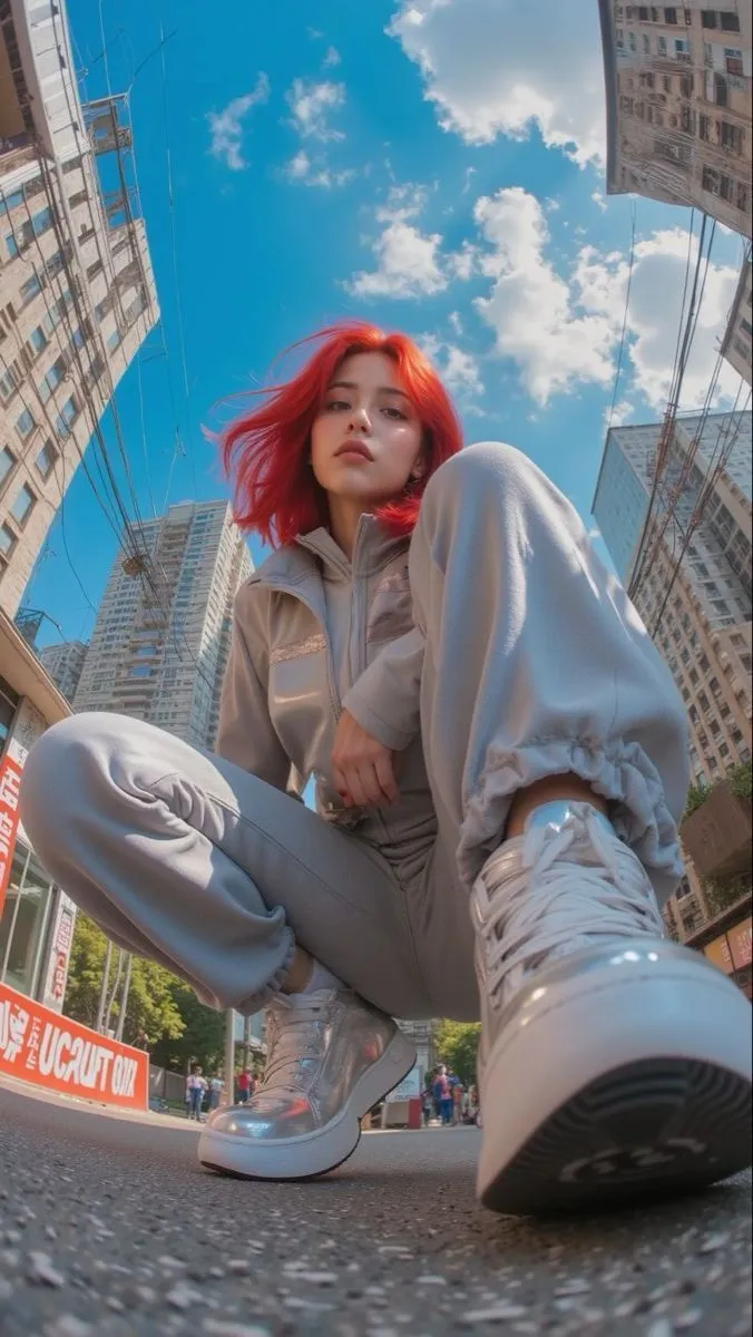 a woman with red hair sitting on the ground in front of tall buildings and looking up into the sky