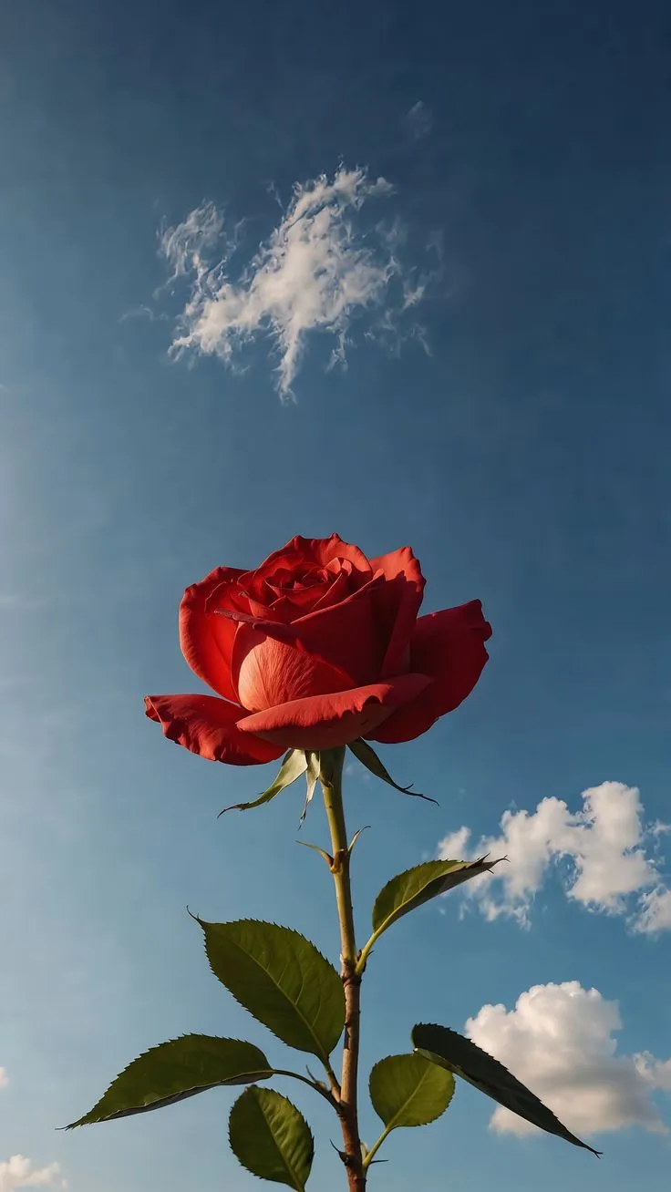 a single red rose is in the foreground against a blue sky with white clouds