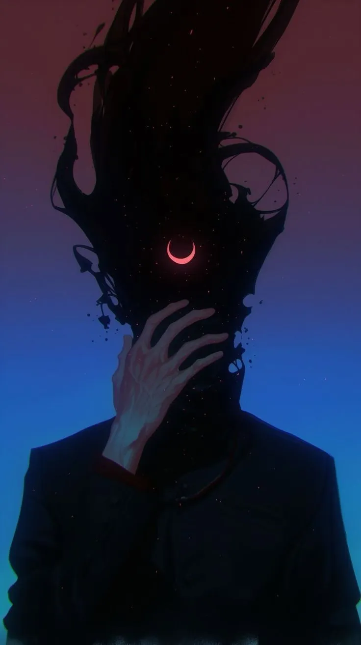 a woman with her hands on her face in front of a blue sky and red moon