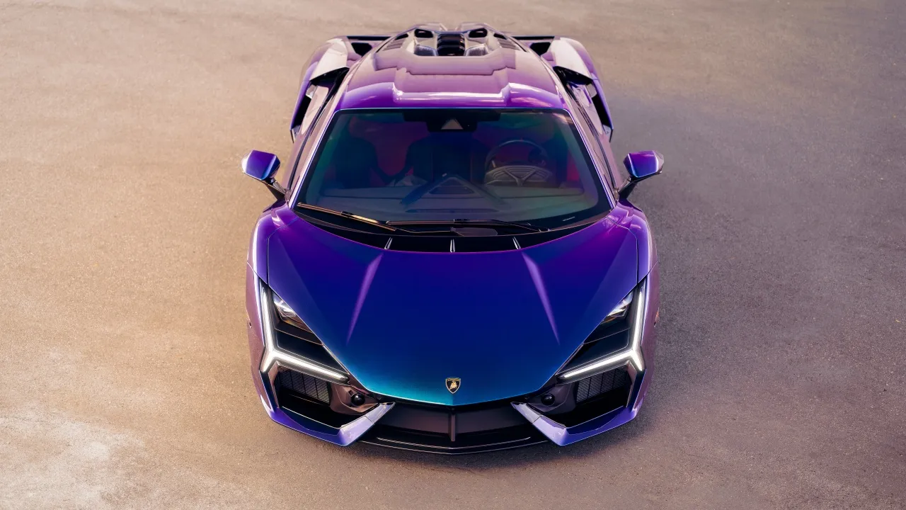 Lamborghini Revuelto, Supercar, Purple car, Gradient paint, Top View, Luxury cars, 5K, 8K