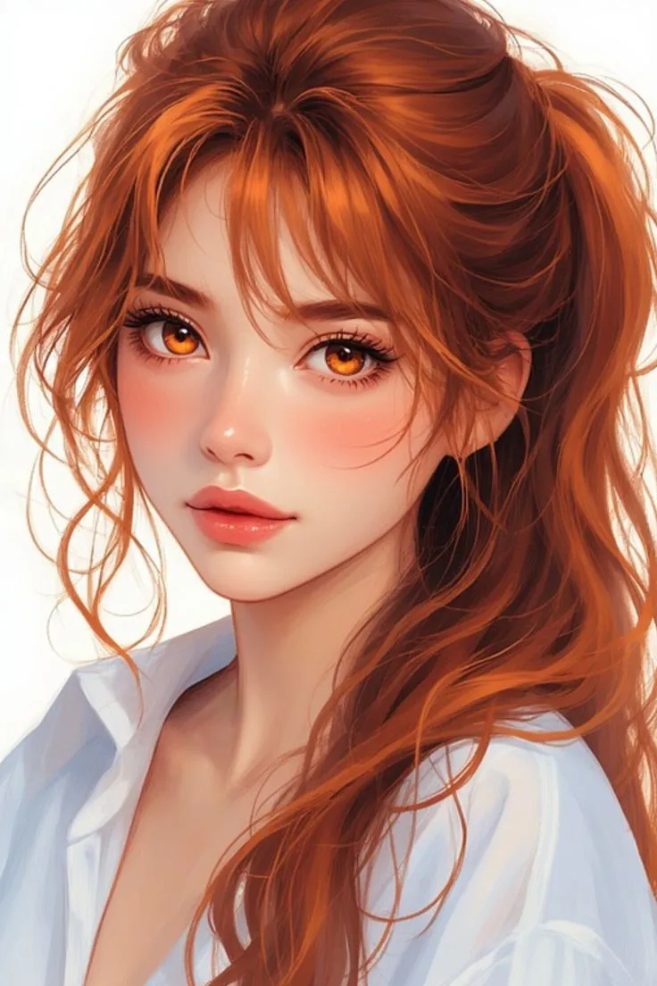 a woman with long red hair and orange eyes is shown in this digital painting style