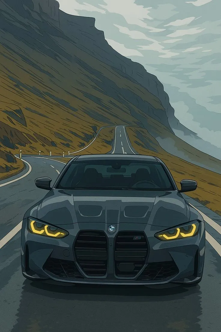 a car is driving down the road in front of a mountain range with yellow lights