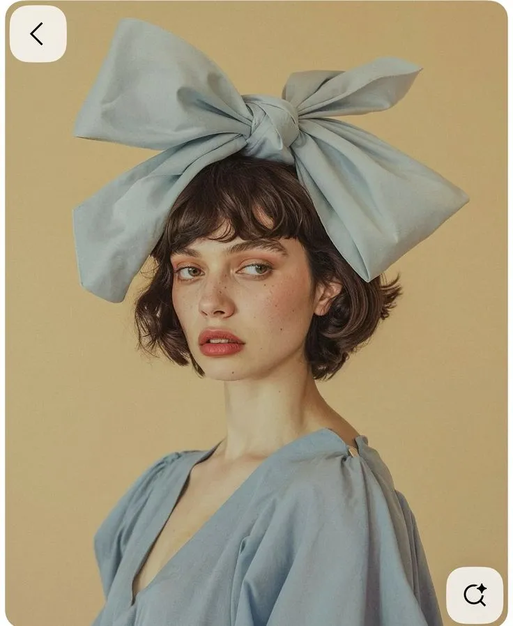 a woman wearing a blue dress with a large bow on her head and hair pulled back