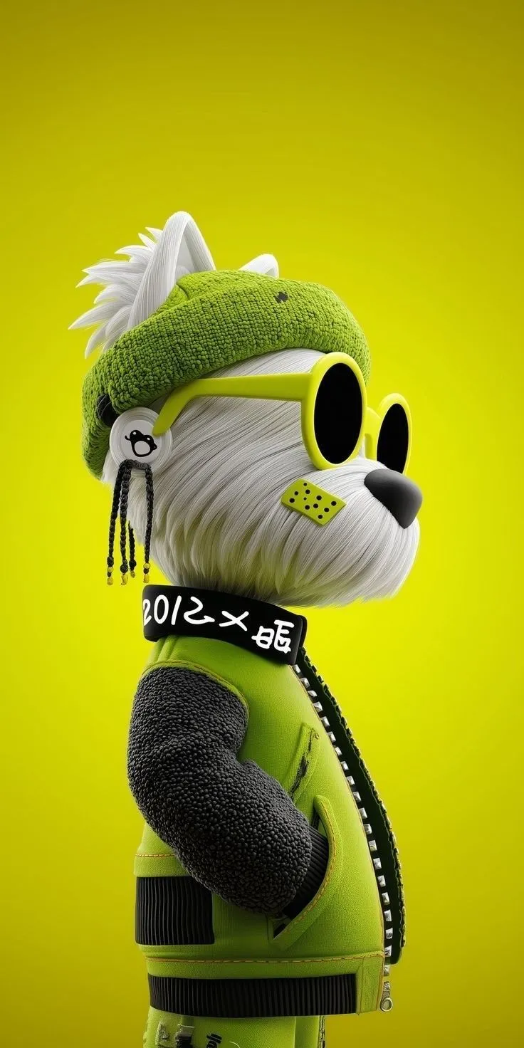 the character is wearing a green hat and scarf with black eyeliners on his head