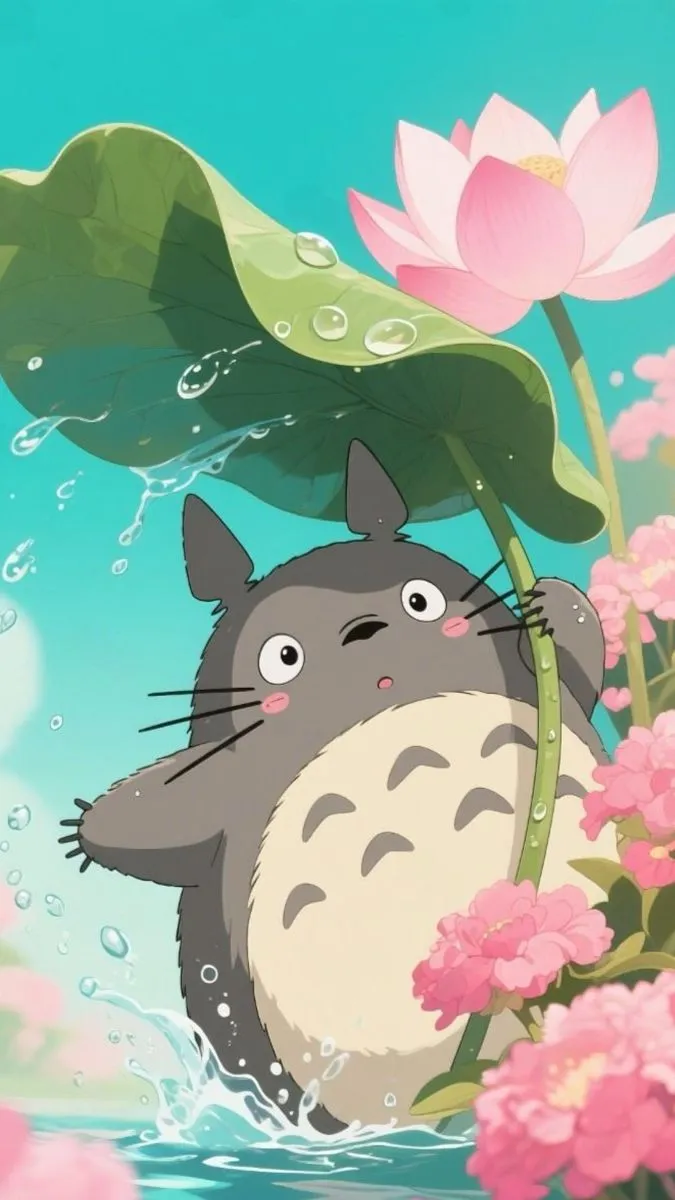 a cartoon character is floating in the water next to pink flowers and lily pades