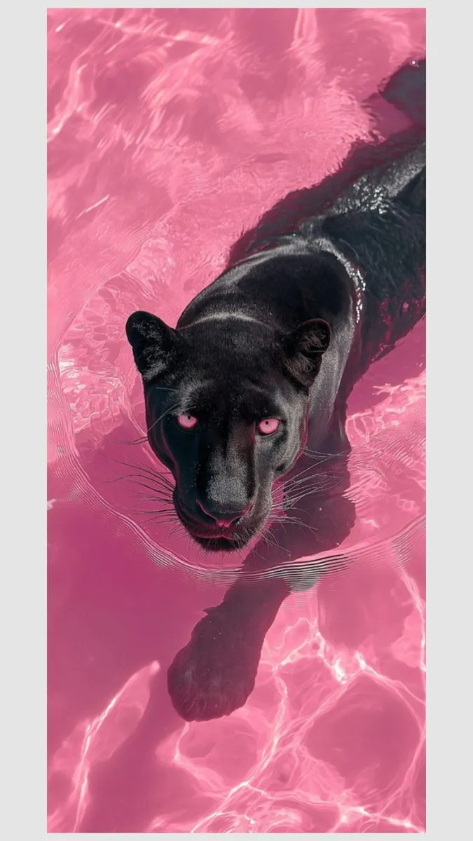 a black cat with pink eyes swimming in the water