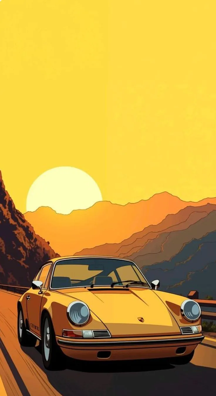an orange car driving down the road with mountains in the backgrouund and sun setting behind it