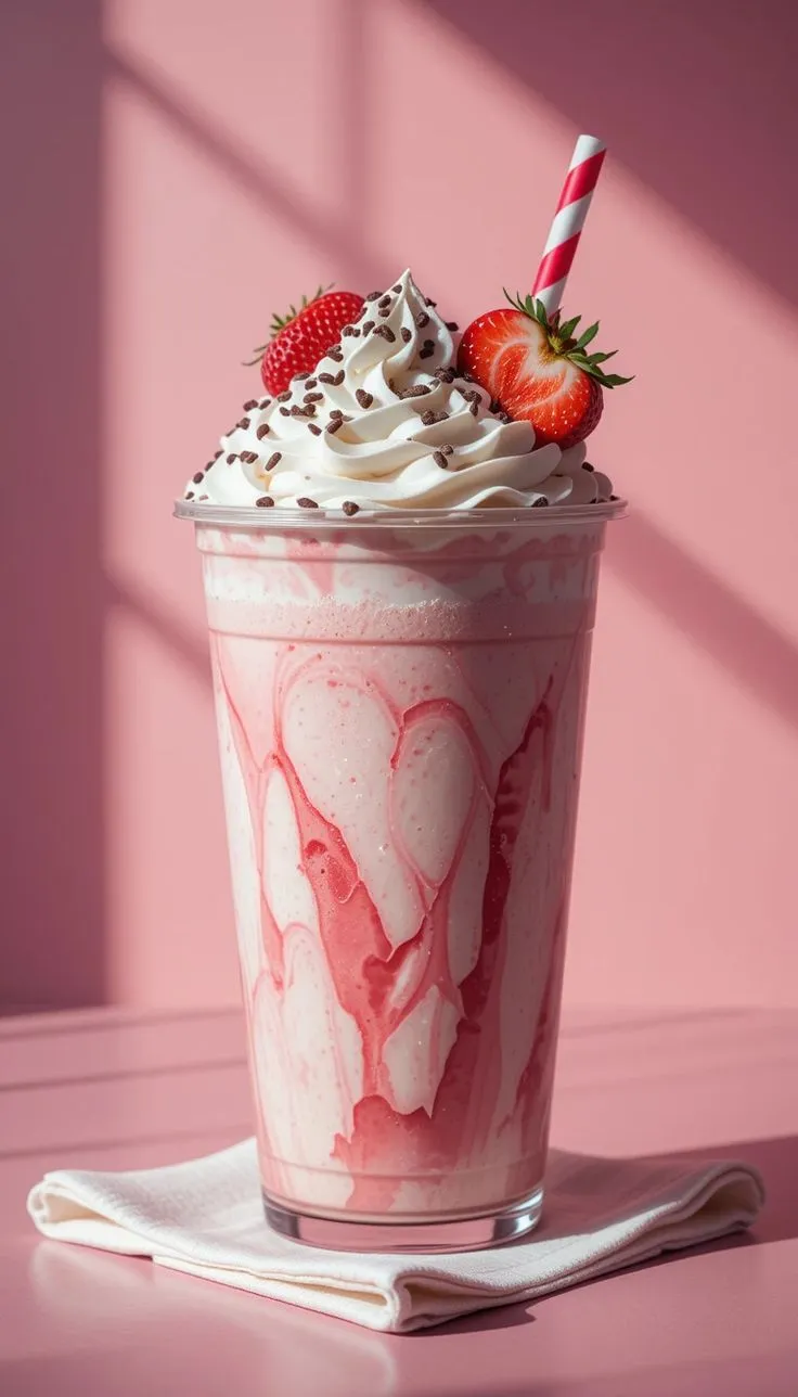 a drink with whipped cream and strawberries in it on a pink table next to a napkin