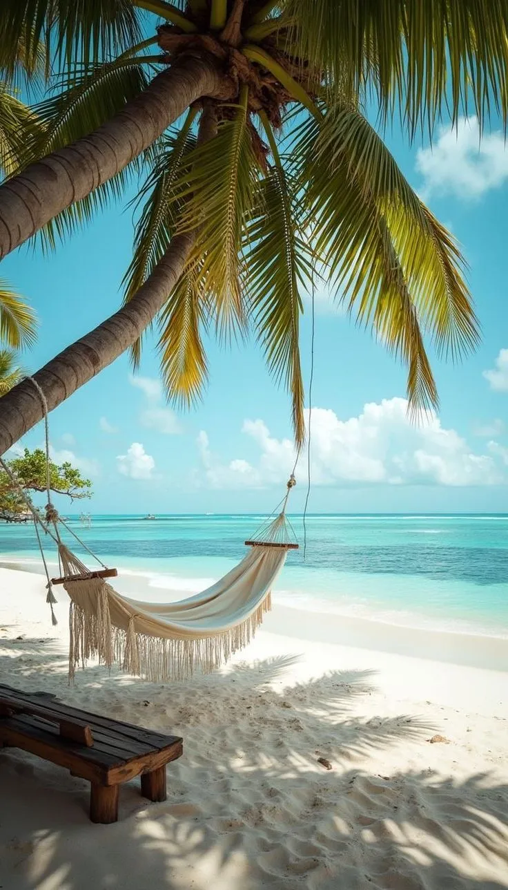 a hammock hanging between two palm trees on the beach
