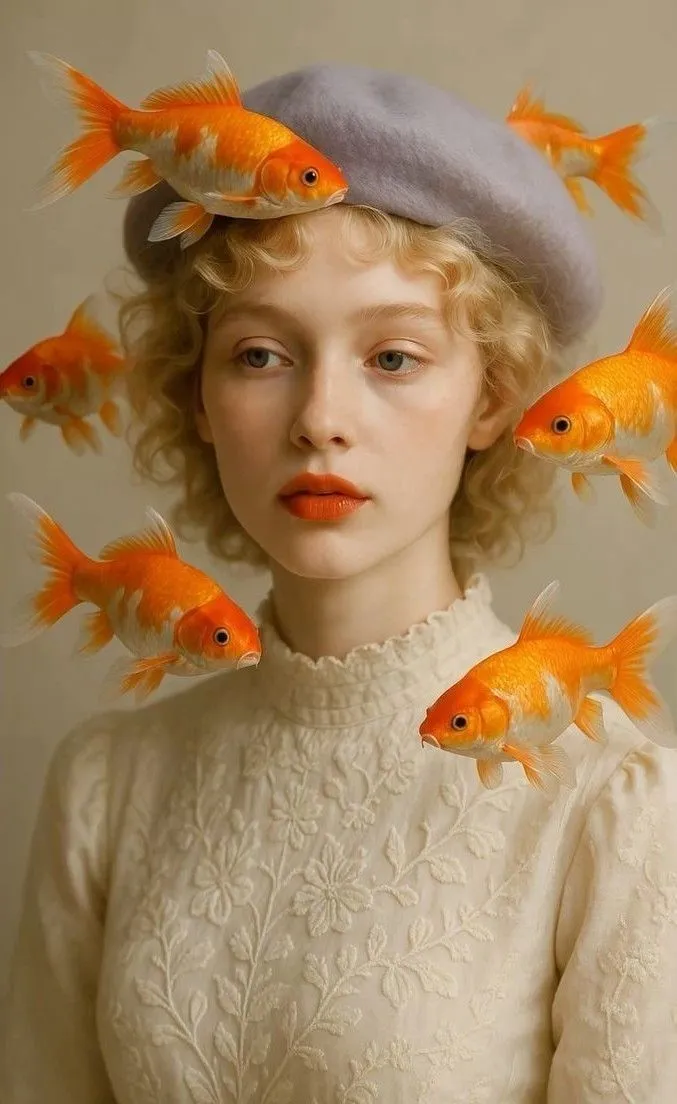 a woman with five goldfish on her head and four orange fish in her hair