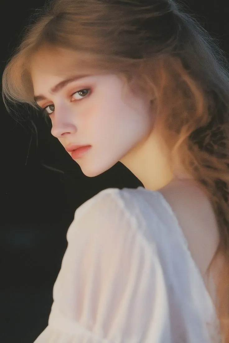 a young woman with long hair wearing a white dress and looking off to the side