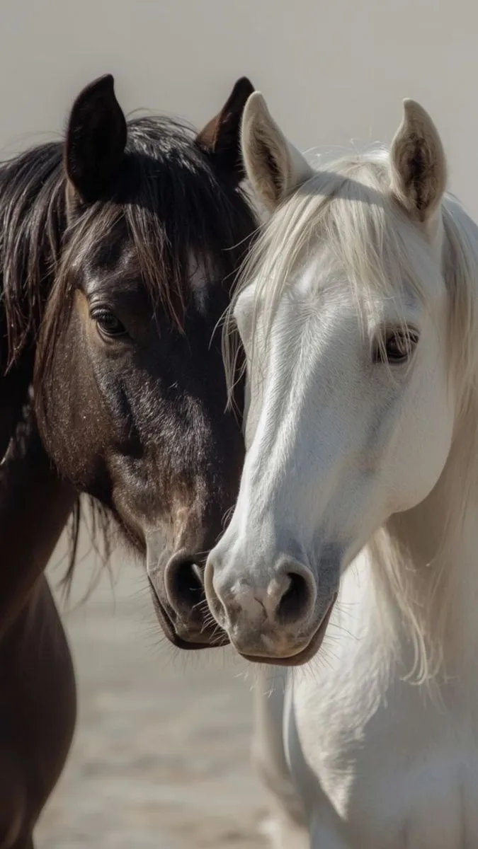 two white horses standing next to each other