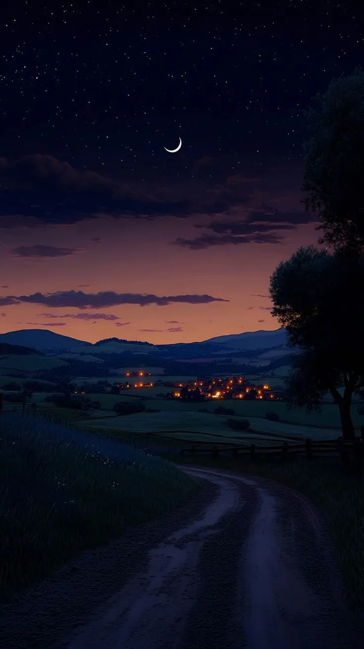 a night scene with the moon and stars in the sky over a dirt road leading to a grassy field