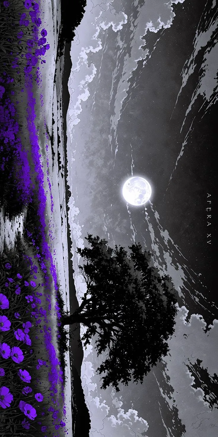 an image of the sky and trees reflected in water with purple flowers on the ground