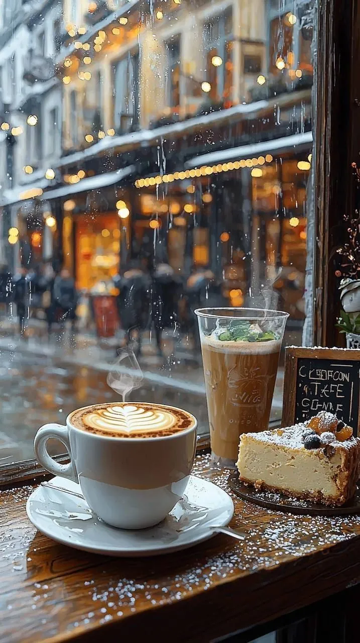 a cup of coffee sitting on top of a table next to a slice of cake