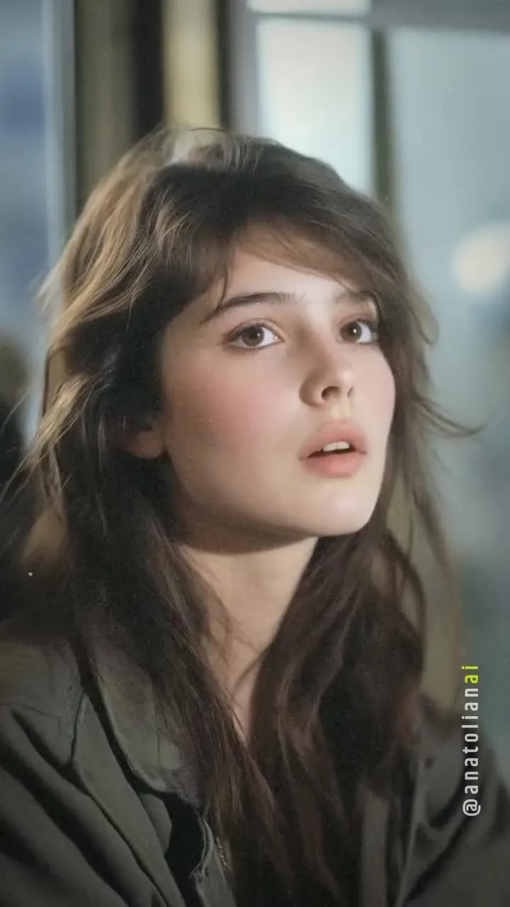 a woman with long brown hair looking off into the distance