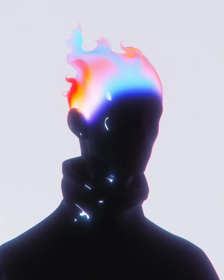 the silhouette of a person wearing a black suit with colorful hair on top of their head