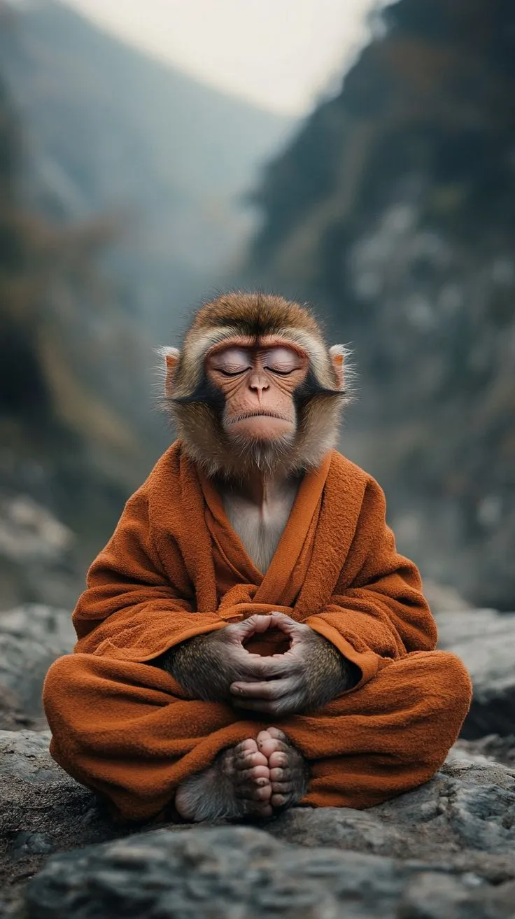 a monkey sitting on top of a rock covered in a robe and holding a bowl