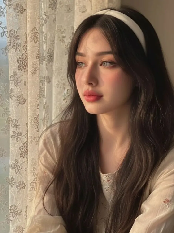 a woman sitting in front of a window wearing a headband and looking out the window