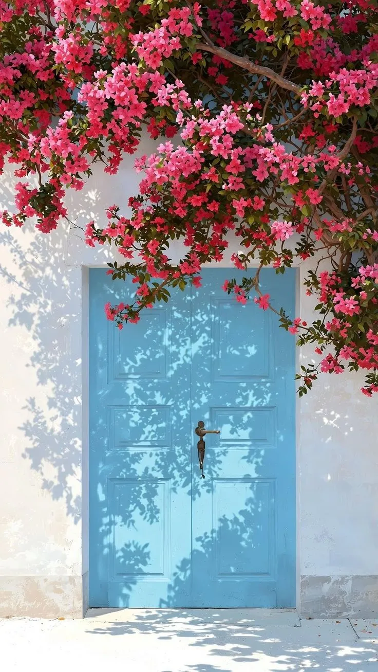 a blue door with pink flowers growing over it and a tree in the foreground