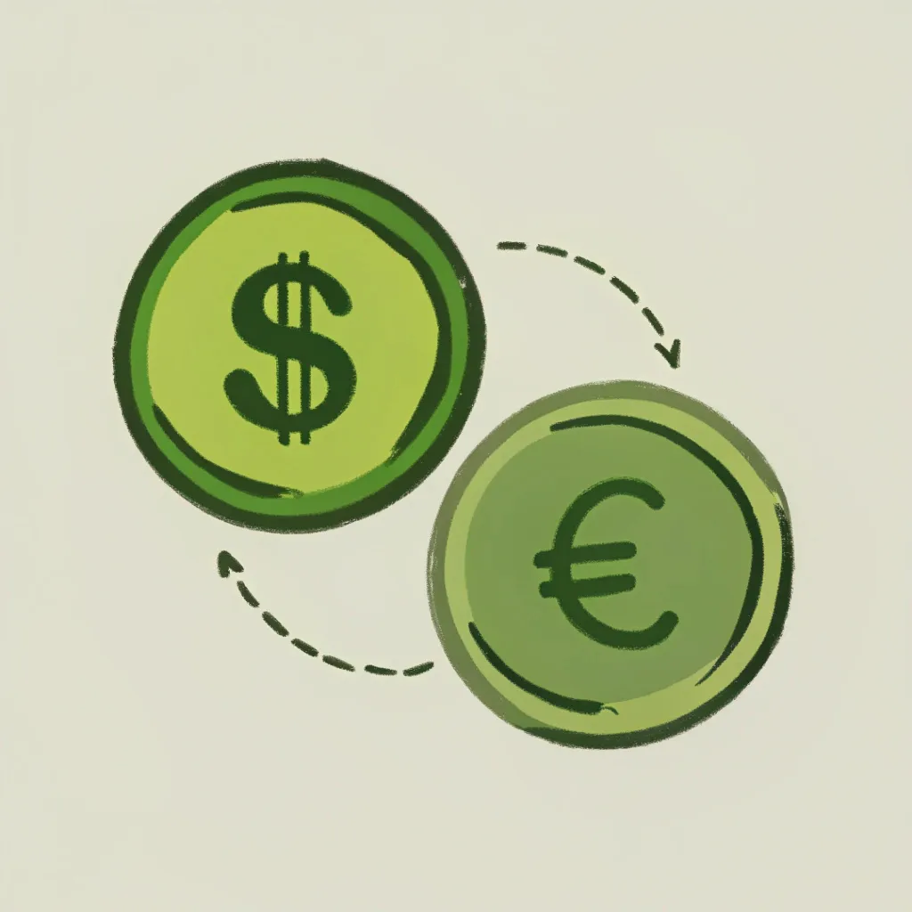 Two currency coins exchanging, one with a dollar sign and...